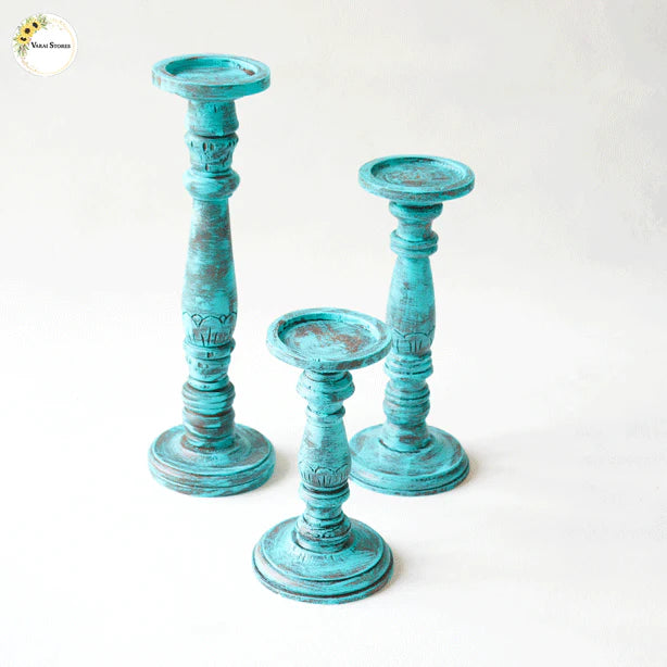 CANDLE STAND (SET OF 3) - TEAL